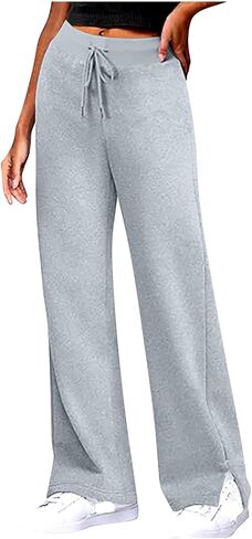 Trousers Pants for Women 2025 Fall Split Hem Wide Leg Lounge Pants Plain High Waisted Casual Sweatpants with Pockets in Saudi Arabia