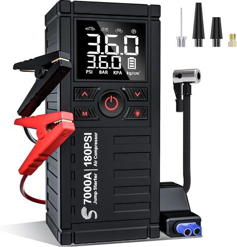 جهاز Jump Starter مع ضاغط هواء، صندوق القفز لبطارية السيارة بقوة 7000 أمبير 180 رطل لكل بوصة مربعة (جميع الغاز/12.0 لتر ديزل)، كابلات توصيل محمولة لبطارية السيارة، شاشة LCD كبيرة، ضوء LED أحمر in Kuwait