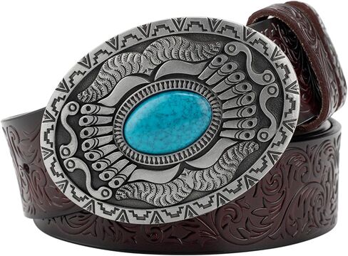 Belts Men Cowboy Western, Mens Turquoise Buckle Vintage Embossed Belt, Floral Engraved Belt,Black,130CM/51.2'' in Saudi Arabia