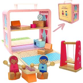 Wooden Dollhouse - Portable and Foldable Doll House with Little People Figurines & Dollhouse Accessories - Classic Preschool & Toddler Toy with Dollhouse Furniture & Pretend Swing Playset.