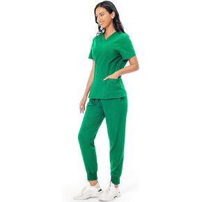 PuriPure Scrub Set for Women Classic V-neck Scrub Top & Jogger Scrub Pants Athletic Nurse Scrub Set with 7 Pockets 4-way