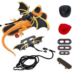 7 Pieces Bearded Dragon Tank Accessories,Bearded Dragon Leashes and Harnesses Set,S/M/L 3 Size Pack Leather Wing Lizard Harness with Removable Lizard Leash for Amphibians and Other Small Pet Animals