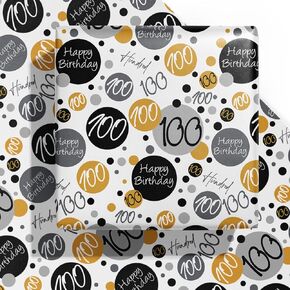 WRAPAHOLIC Birthday Wrapping Paper Sheet - 6 Sheets Black 100th Birthday Design Folded Flat for Birthday, Party, Baby Showers - 19.7 Inch X 27.5 Inch Per Sheet