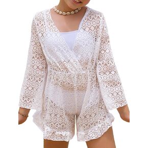 Milumia Girl's Swim Cover Up Long Sleeve V Neck Ruffle Hem Cute Romper Beach Coverup