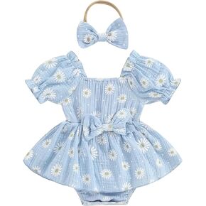 Baby Girls Daisy Romper Bowknot Bodysuit+Headband Short Sleeve Playsuits Floral Jumpsuit Infant Summer Clothes