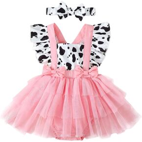 Amiblvowa Newborn Baby Girl Summer Clothes Pink Cow Print Ruffle Tutu Romper Dress Princess Birthday Western Cowgirl Outfit