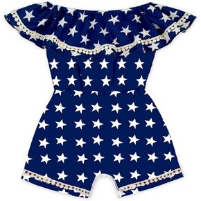 Baby Girls American Flag Stripe Star Print One Piece Romper Ruffle Off-Shoulder Bodysuit