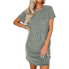 Acelitt Women Casual Summer Crewneck Short Sleeve Ribbed Mini Tshirt Dress,S-XXL