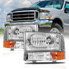 Headlights Assembly for 1999 2000 2001 2002 2003 2004 Ford F250 F350 F450 F550 Super Duty / 00 01 02 03 04 Ford Excursion Sets Headlamp with Bumper Lamps Chrome Housing