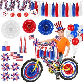 Parade Patriotic Bike Decoration Kit 4th of July Bike Streamers Bicycle Ribbon Tassels American Flag Red White Blue Crepe Paper Streamers for Independence Day Kids Bike Parade Party Favors