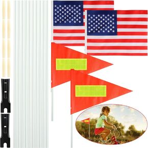 2 Sets Bike Safety Flag with Pole Heavy Duty Fiberglass Pole US Flag Orange Safety Flag Adjustable Bicycle Flag Pole for Kids Outdoor Cycling Supplies