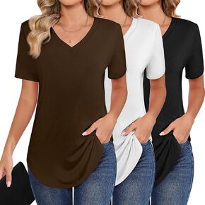 Ficerd 3 Pack Women's Short Sleeve Tunic Tops, V Neck Curved Hem Shirt Casual Summer Basic Tshirts Tee Blouse
