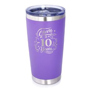 Cheers to 10 Years - Insulated Coffee Tumbler Cup with Sliding Lid - Stainless Steel Insulated Mug - 10th Anniversary Gifts and Party Decor - Black