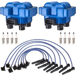 ENA Set of 2 Blue Ignition Coil with 8 Platinum Spark Plug and Blue Wire Set Compatible with Ford Crown Victoria E-150 F-150 F-250 Ranger Expedition Explorer Thunderbird 2.3L 2.5L 4.6L 5.0L V8