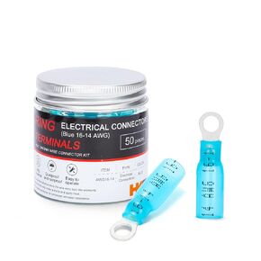 HKS 50 PCS Ring Terminals 1/4" Blue 16-14 AWG - M6 - Electrical Connectors - Heat Shrink Wire Connector Kit - Tinned Red Copper - Automotive Marine Ring Connectors - Waterproof and Insulated