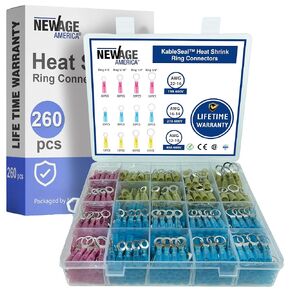 New Age America® 300pcs KableSeal™ Heat Shrink Ring Connector Kit | Ring # 10 - Ring 3/8" | AWG 22-10 | Tinned Copper & Marine Grade | Color Coded | Insulated Ring Crimp Terminals | UL Certified