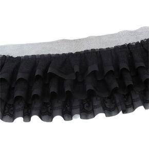 2 Yards Pleated lace Fabric Trim 3 Layers Ruffled lace triming for Sewing DIY Extend Dress Cuff Blouse Lace Fabric Triming (Black)