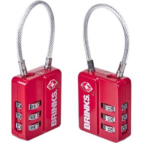 BRINKS – 1-1/8" TSA Approved Luggage Travel Padlock – 2 Pack- 3 Dial Resettable Combination Luggage and Suitcase Lock with Zinc Body and Flexible Cable Shackle