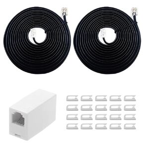 2 Pack Telephone Extension Cord 8 Feet,with Standard RJ12 Plug and RJ12 6P6C 1 in-Line Couplers and 20 Cable Clip Holders for Easy Wiring Management