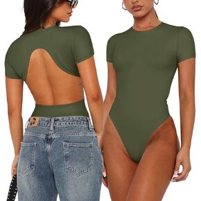 REORIA Womens Sexy Backless Body suit Double Lined Crew Neck Short Sleeve Going Out Bodysuits Tops