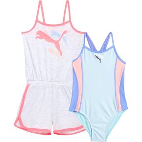 PUMA Girls' Swimsuit Set - Bathing Suit with Cover Up Tank Top and Shorts or Sleeveless Romper - Swim Set for Girls (4-6X)