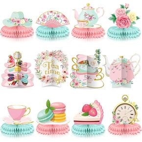 12 Pcs Floral Tea Time Themed Party Decorations Spring Vintage Teapot Honeycomb Centerpieces Talking Toppers Supplies for Flower Theme Party Baby Shower Princess Birthday Wedding Supplies