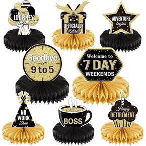8 Pieces Retirement Party Decorations Retirement Honeycomb Centerpieces Gold and Black Retirement Table Decorations for Man and Women Happy Retirement Party Supplies, Adventure Begin