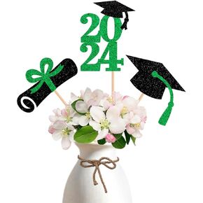 ALISSAR 15-Pack Double Sided Glitter 2024 Graduation Party Centerpiece Sticks Green- Table Toppers for 2024 Graduation Party Decoration Party Supplies (2024 double sided card stock, gold)