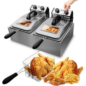 WantJoin 12L/12QT مقلاة عميقة تجارية بخزان مزدوج مع غطاءين زجاجيين للنافذة، مقلاة كهربائية عميقة من الفولاذ المقاوم للصدأ بقوة 3200 واط مع سلتين، آلة قلي المطبخ على سطح المنضدة مع التحكم في درجة الحرارة