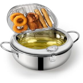 Deep Fryer Pot, Japanese Style Tempura Deep Fryer Frying Pot With Thermometer, Lid, Oil Drip Drainer Rack for French Fries Fish Shrimp Chicken 7.9 Inch/2.2 L 304 Stainless Steel Father's Day Gift