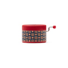 Esdemusica by Rocío hand made red music box with a blue and orange pattern. Exclusive design and a hand crank mechanism with the classic melody by Pachelbel. 1,9 inch x 1,5 inch high