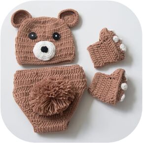 Vemonllas Newborn Photography Props Bear Outfit Photo Prop Handband Bear Hat Diaper Cover Boots Baby Photoshoot Crochet Costume