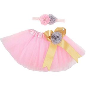 Baby Girls Tulle Mesh Tutu Skirt Dress with Flower Headband Set Baby Birthday Photo Props Costume Outfit