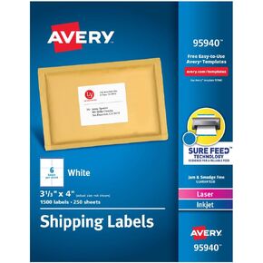 Avery Printable Shipping Labels with Sure Feed, 3-1/3" x 4", White, 60 Blank Mailing Labels (15264)