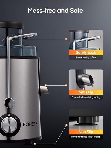 آلات عصارة، آلات عصارة فوهير للخضروات والفواكه سهلة التنظيف بسرعات مزدوجة، عصارة طرد مركزي مدمجة مضادة للتنقيط مع فم واسع 3 بوصات، وصفة وفرشاة in Kuwait