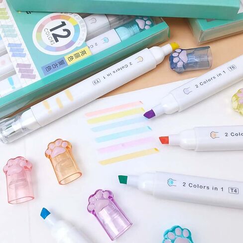 Double-headed Cute Light color eye protection Highlighter Markers, 6-Pack of 12 Flat Heads, Bright and Vintage Markers for School Office Journal Supplies (12 colors double head) in Saudi Arabia