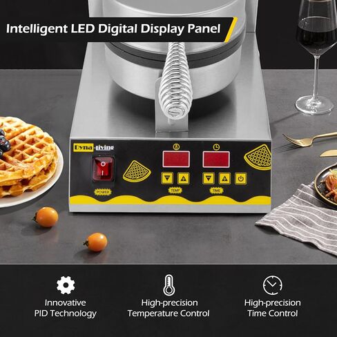 صانع الوافل التجاري من Dyna-Living بقدرة 110 فولت 1200 وات، صانع الوافل التجاري الذكي للمطاعم غير لاصق، صانع الوافل الدائري المصنوع من الفولاذ المقاوم للصدأ، صانع الوافل الاحترافي للمنزل in Kuwait