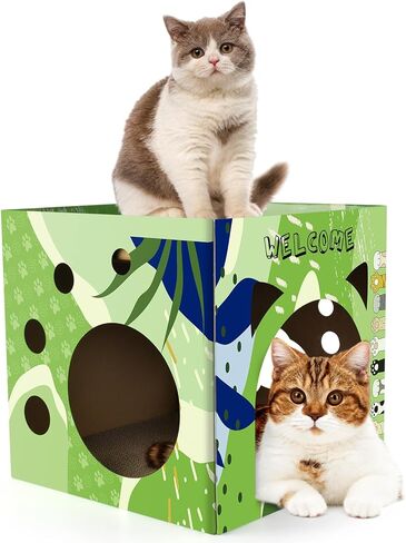 بيت من الورق المقوى للقطط من بيساب، بيت لعب كبير للقطط مع وسادات خدش مكونة من طابقين وسرير للقطط وصالة خدش للقطط الداخلية والقطط الصغيرة ومأوى مكعب قابل للتنفس لعبة صندوق الخدش المموج in Kuwait