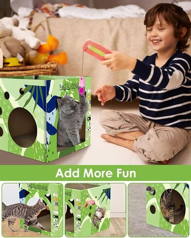 بيت من الورق المقوى للقطط من بيساب، بيت لعب كبير للقطط مع وسادات خدش مكونة من طابقين وسرير للقطط وصالة خدش للقطط الداخلية والقطط الصغيرة ومأوى مكعب قابل للتنفس لعبة صندوق الخدش المموج in Kuwait