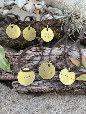 Liquor Alcohol Bottle Decanter Label (ONE) Tag Hand-Stamped Brass Round on Leather String, Gift Ideas for Men, Home Bar Decor, Wedding Gift Idea (Whiskey Tequila Rum Gin Vodka Scotch Bourbon (Bourbon) in Saudi Arabia