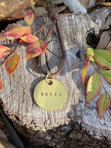 Liquor Alcohol Bottle Decanter Label (ONE) Tag Hand-Stamped Brass Round on Leather String, Gift Ideas for Men, Home Bar Decor, Wedding Gift Idea (Whiskey Tequila Rum Gin Vodka Scotch Bourbon (Bourbon) in Saudi Arabia