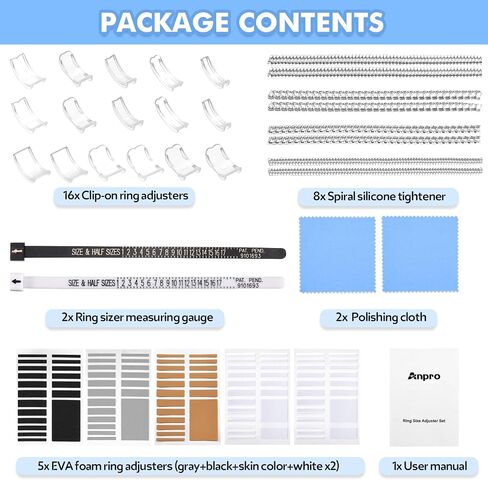 Anpro Ring Size Adjuster for Loose Rings- 118 Pcs Ring Size Adjusters Set Includes 16 Plug-in Invisible Ring Adjuster, 8 Spiral Silicone Tightener, EVA Invisible Sticker,Ring Size Measuring Tool in Saudi Arabia