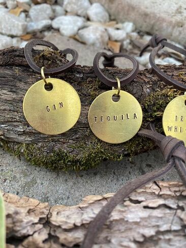 Liquor Alcohol Bottle Decanter Label (ONE) Tag Hand-Stamped Brass Round on Leather String, Gift Ideas for Men, Home Bar Decor, Wedding Gift Idea (Whiskey Tequila Rum Gin Vodka Scotch Bourbon (Bourbon) in Saudi Arabia