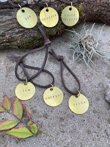Liquor Alcohol Bottle Decanter Label (ONE) Tag Hand-Stamped Brass Round on Leather String, Gift Ideas for Men, Home Bar Decor, Wedding Gift Idea (Whiskey Tequila Rum Gin Vodka Scotch Bourbon (Bourbon) in Saudi Arabia