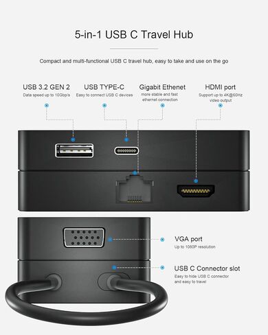 محول متعدد المنافذ لمحطة إرساء محور السفر USB-C مع VGA وUSB 3.2 GEN 2 وUSB-C وEthernet ومنافذ HDMI المتوافقة مع أجهزة الكمبيوتر المحمولة Surface وSurface Books وSurface Pro X/7/8/9 مع منفذ USB-C in Kuwait