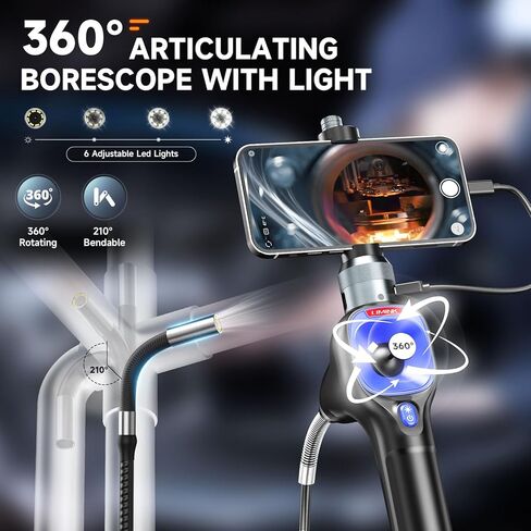 360 Articulating Borescope, LIMINK Industrial Endoscope with 0.24" Articulated Snake Camera, Inspection Camera with Steerable Probe, 6 Adjustable LED Lights, for iPhone and Android - 3.3ft in Kuwait
