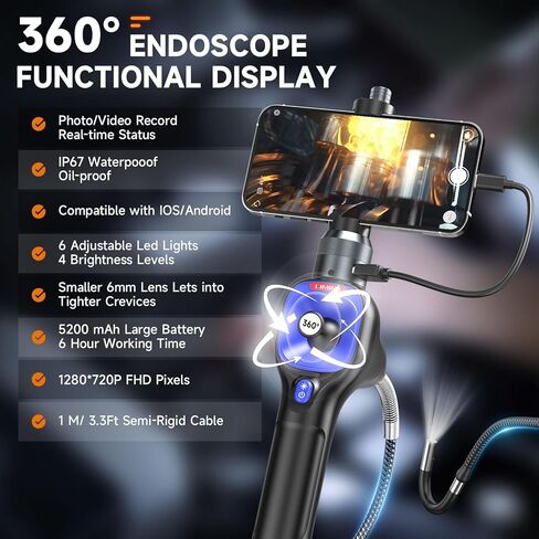 360 Articulating Borescope, LIMINK Industrial Endoscope with 0.24" Articulated Snake Camera, Inspection Camera with Steerable Probe, 6 Adjustable LED Lights, for iPhone and Android - 3.3ft in Kuwait
