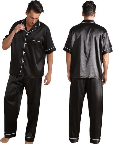 طقم بيجامة من الحرير والساتان بأكمام قصيرة وسروال ملابس نوم بأزرار سفلية للرجال Pj قطعتين in Kuwait