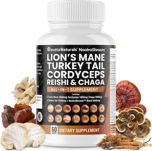 Lions Mane 3500mg مكمل الفطر مع ذيل الديك الرومي 2500mg Reishi 1000mg كورديسيبس تشاجا مايتاكي ميشيما بوريا كوكوس شيتاكي أويستر بورسيني إينوكي حبوب الإدراك والطاقة والتركيز قبعات نباتية في الولايات المتحدة الأمريكية in Kuwait