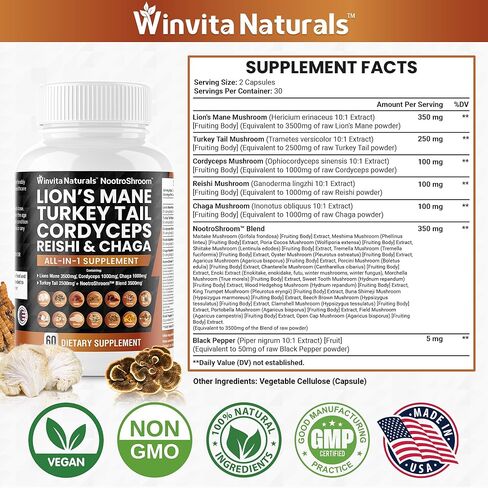 Lions Mane 3500mg مكمل الفطر مع ذيل الديك الرومي 2500mg Reishi 1000mg كورديسيبس تشاجا مايتاكي ميشيما بوريا كوكوس شيتاكي أويستر بورسيني إينوكي حبوب الإدراك والطاقة والتركيز قبعات نباتية في الولايات المتحدة الأمريكية in Kuwait